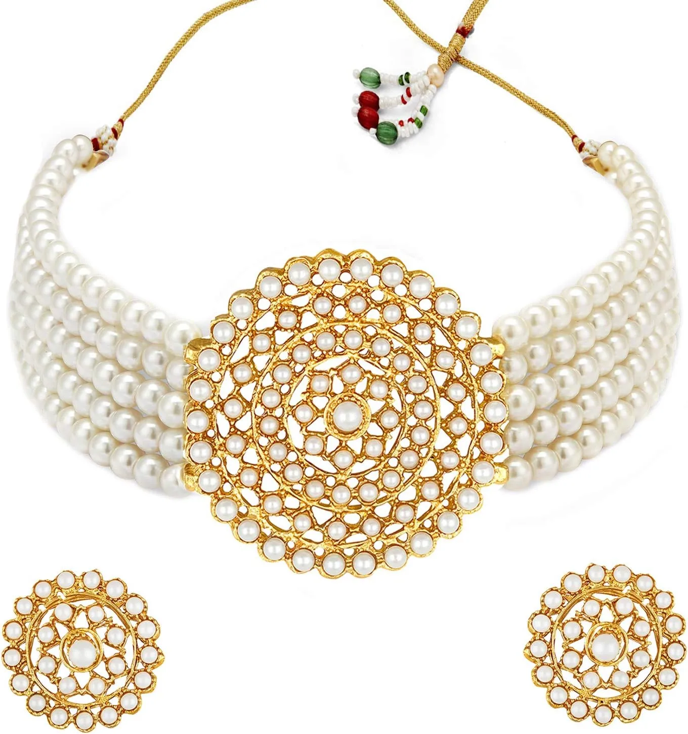 Aheli Pearl Diamond Choker Necklace with Round Earrings Gift for Women Indian Traditional Bollywood Fashion Jewelry Set
