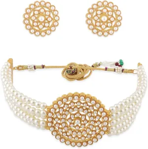 Aheli Pearl Diamond Choker Necklace with Round Earrings Gift for Women Indian Traditional Bollywood Fashion Jewelry Set
