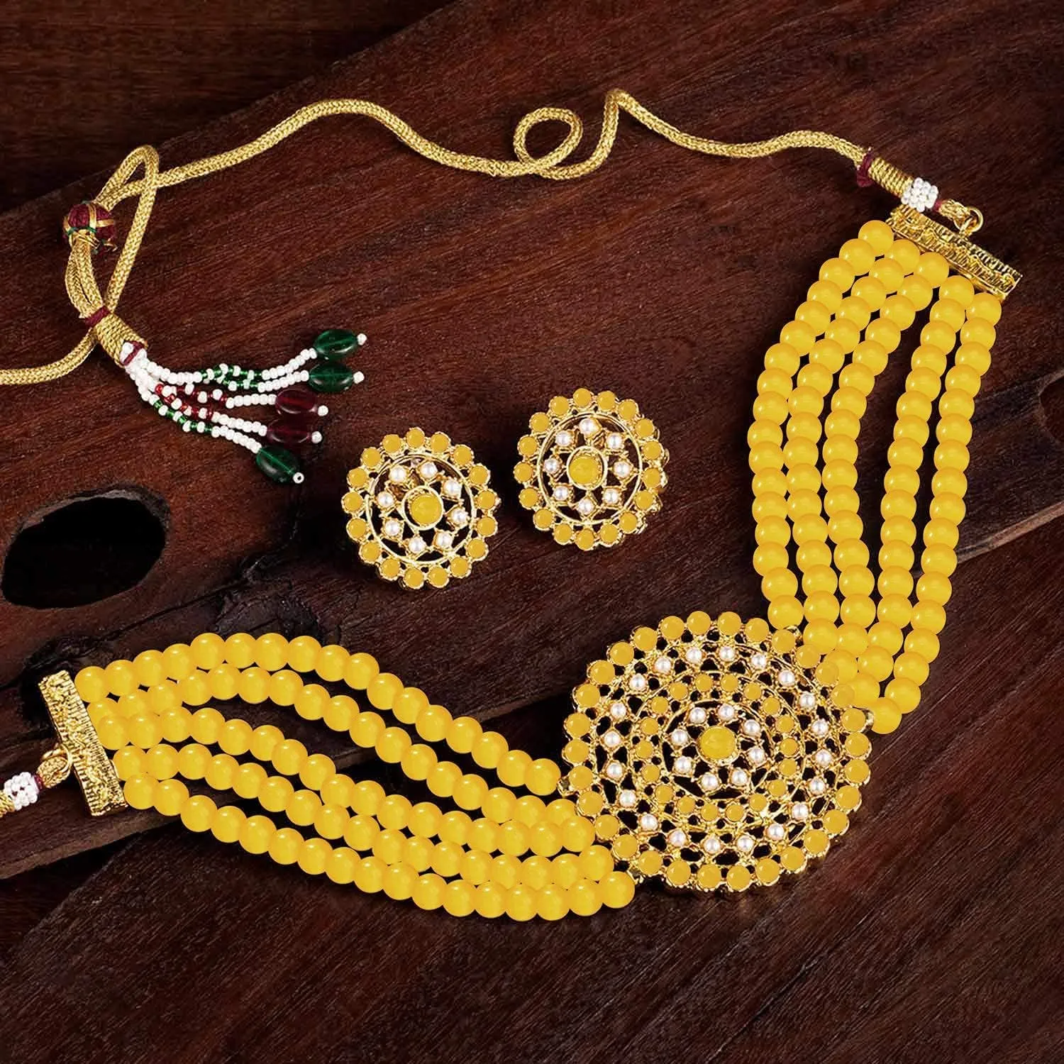 Aheli Pearl Diamond Choker Necklace with Round Earrings Gift for Women Indian Traditional Bollywood Fashion Jewelry Set