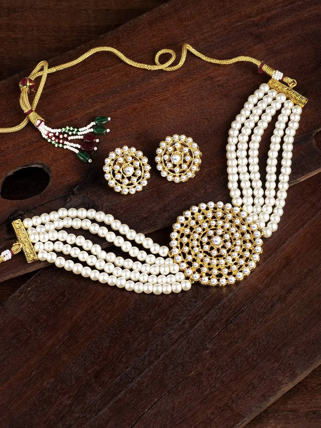 Aheli Pearl Diamond Choker Necklace with Round Earrings Gift for Women Indian Traditional Bollywood Fashion Jewelry Set
