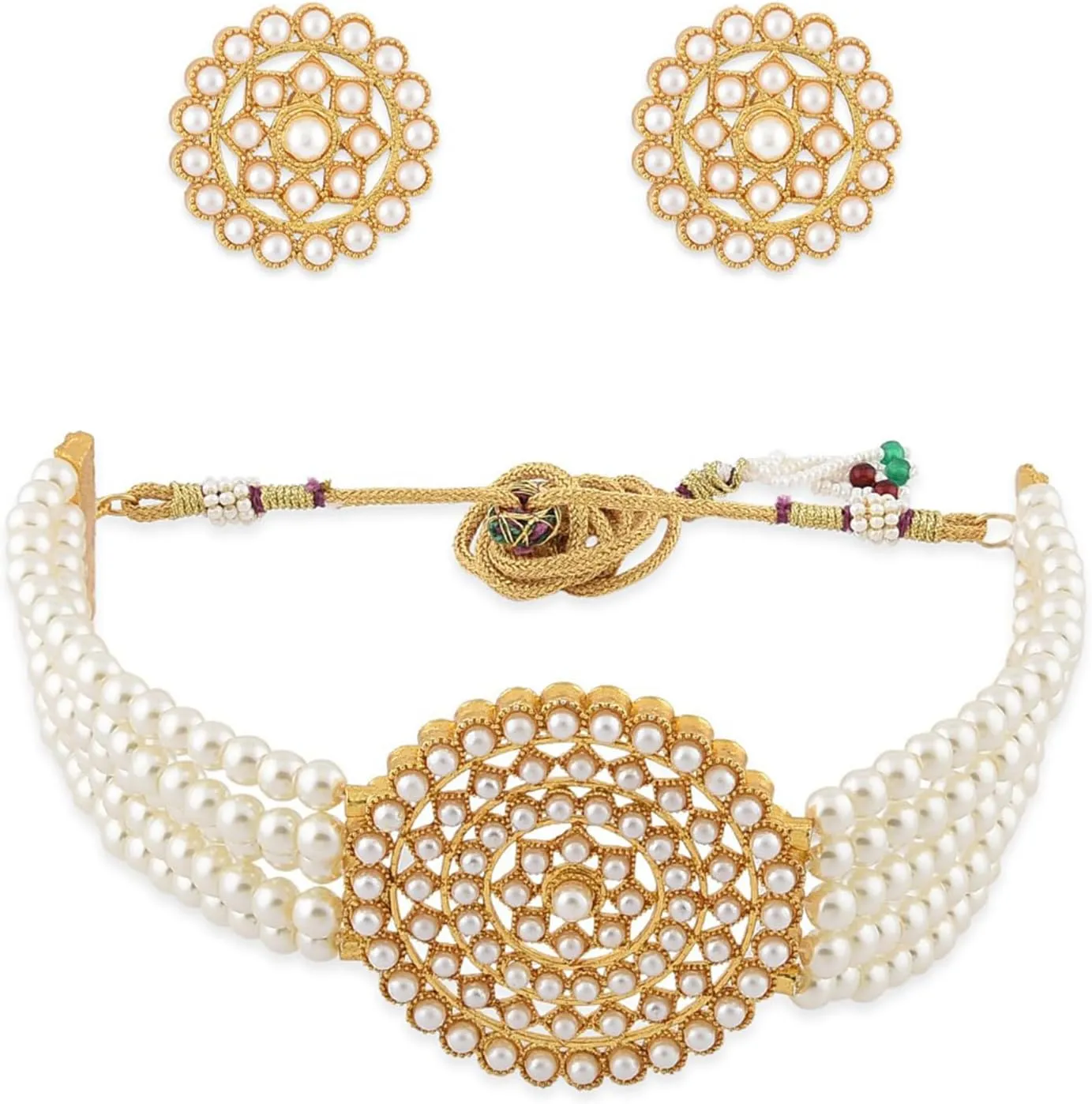 Aheli Pearl Diamond Choker Necklace with Round Earrings Gift for Women Indian Traditional Bollywood Fashion Jewelry Set