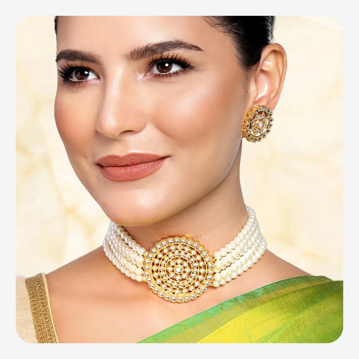Aheli Pearl Diamond Choker Necklace with Round Earrings Gift for Women Indian Traditional Bollywood Fashion Jewelry Set