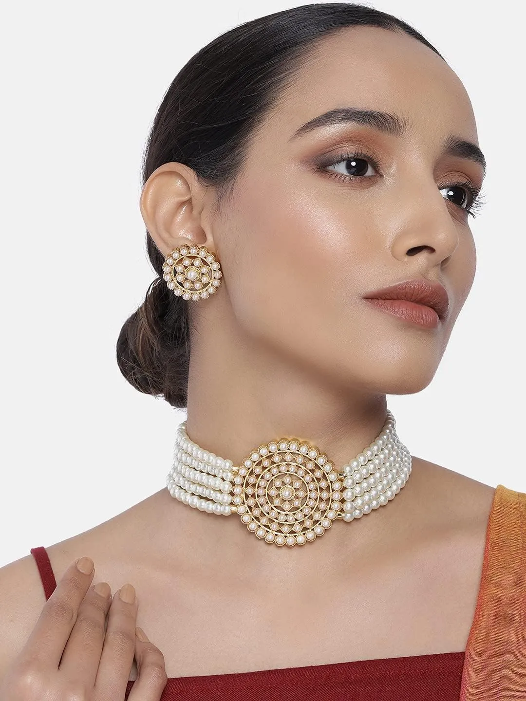 Aheli Pearl Diamond Choker Necklace with Round Earrings Gift for Women Indian Traditional Bollywood Fashion Jewelry Set