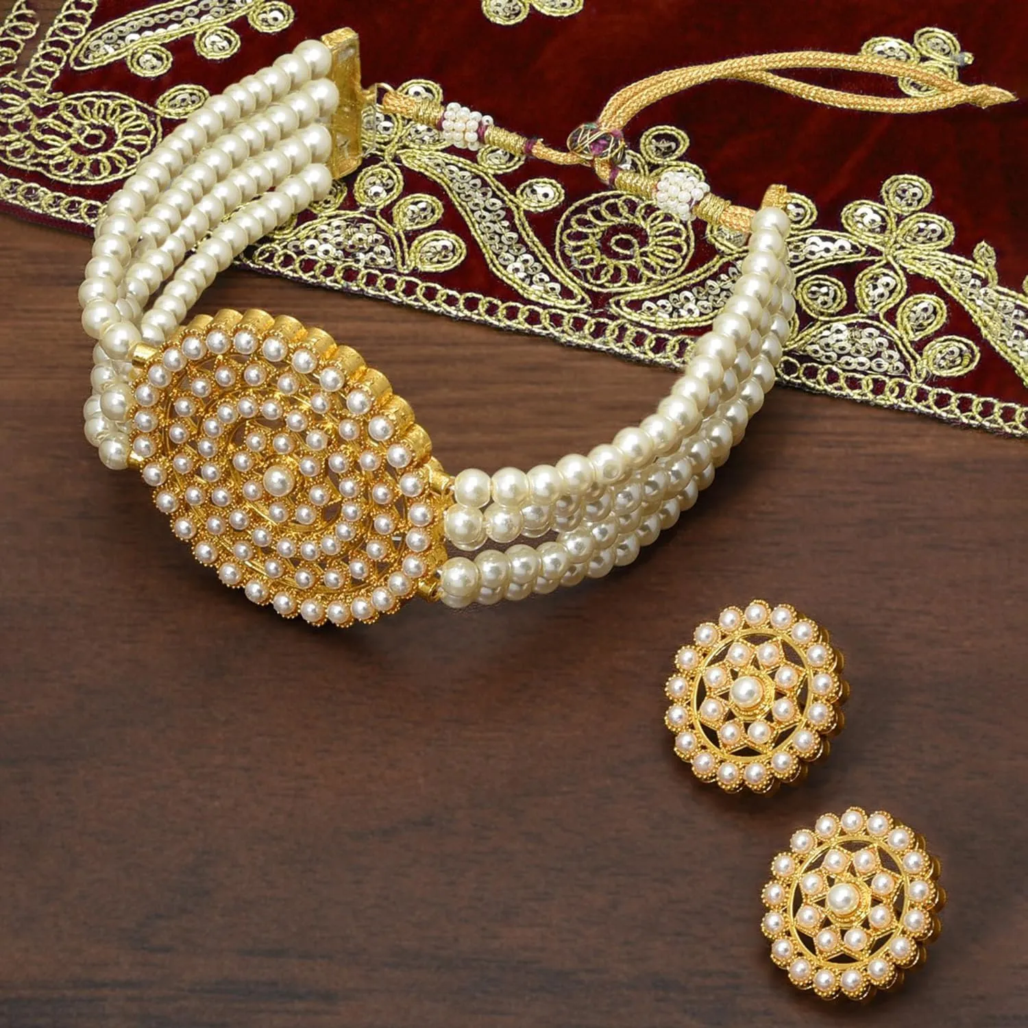 Aheli Pearl Diamond Choker Necklace with Round Earrings Gift for Women Indian Traditional Bollywood Fashion Jewelry Set