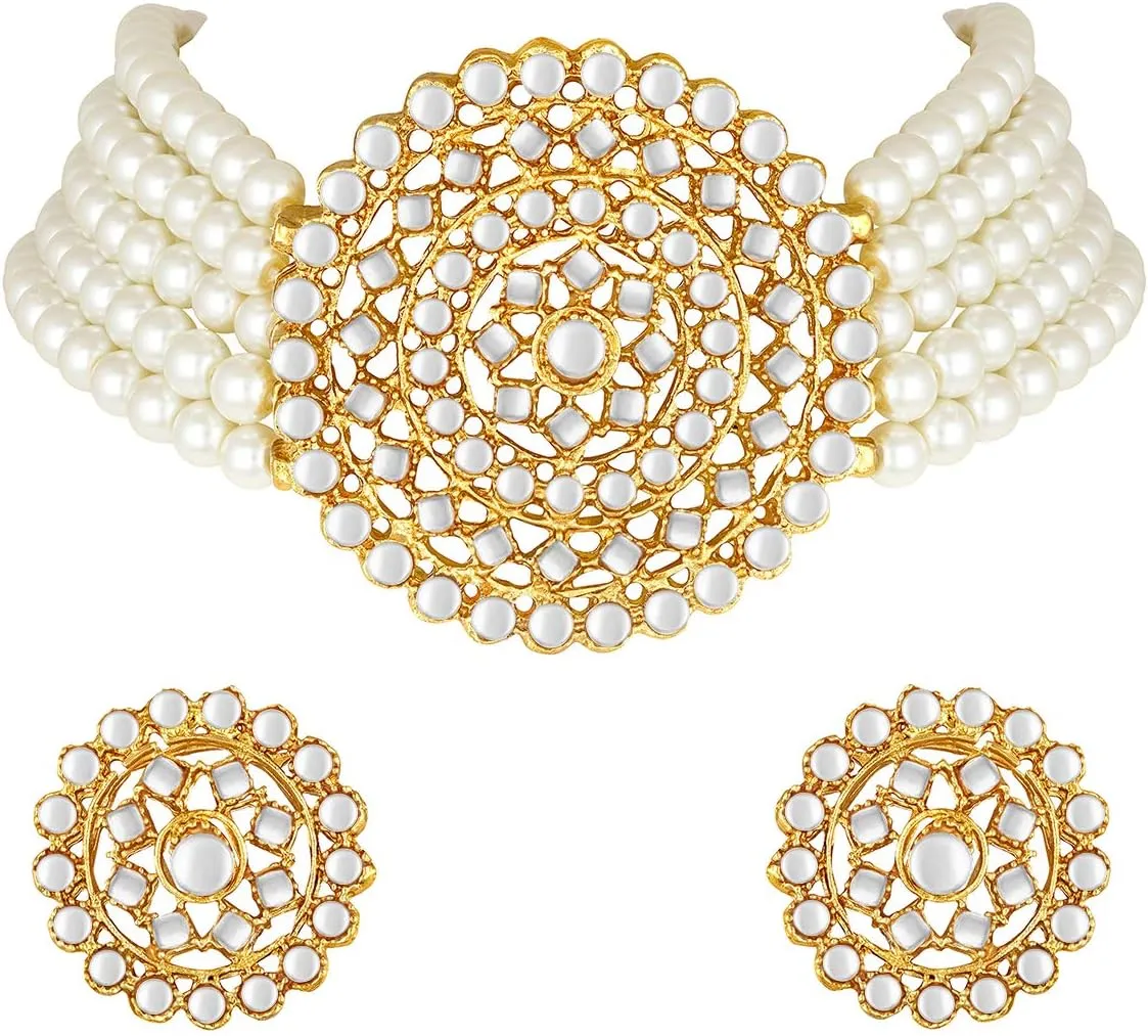 Aheli Pearl Diamond Choker Necklace with Round Earrings Gift for Women Indian Traditional Bollywood Fashion Jewelry Set