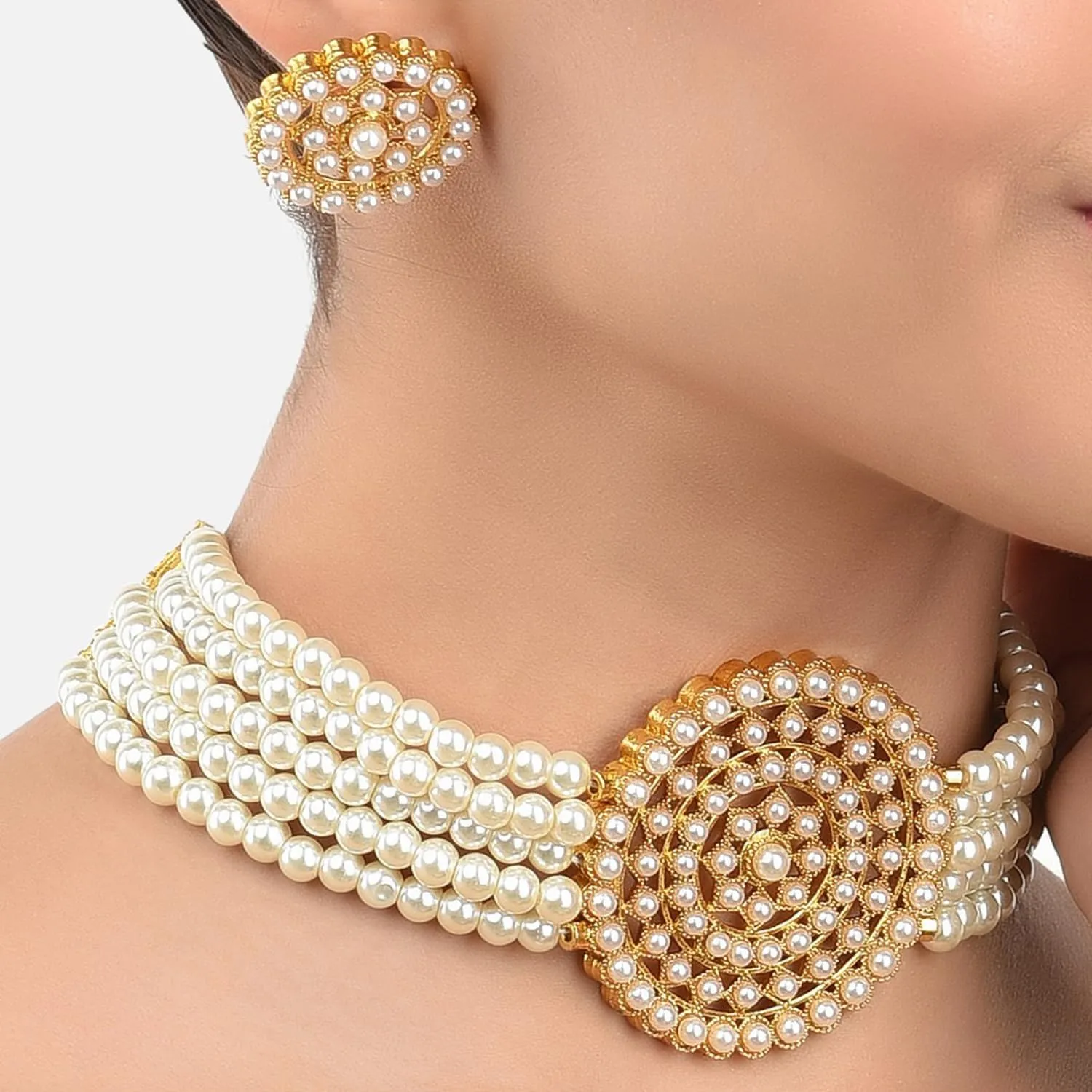 Aheli Pearl Diamond Choker Necklace with Round Earrings Gift for Women Indian Traditional Bollywood Fashion Jewelry Set