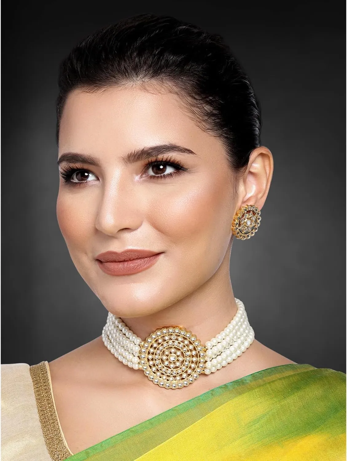 Aheli Pearl Diamond Choker Necklace with Round Earrings Gift for Women Indian Traditional Bollywood Fashion Jewelry Set