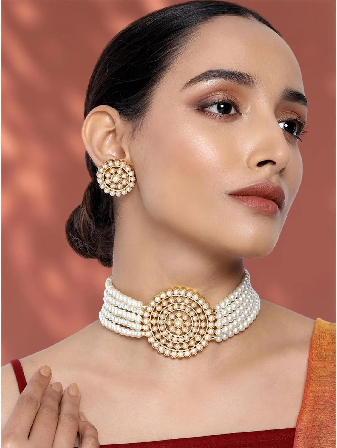 Aheli Pearl Diamond Choker Necklace with Round Earrings Gift for Women Indian Traditional Bollywood Fashion Jewelry Set