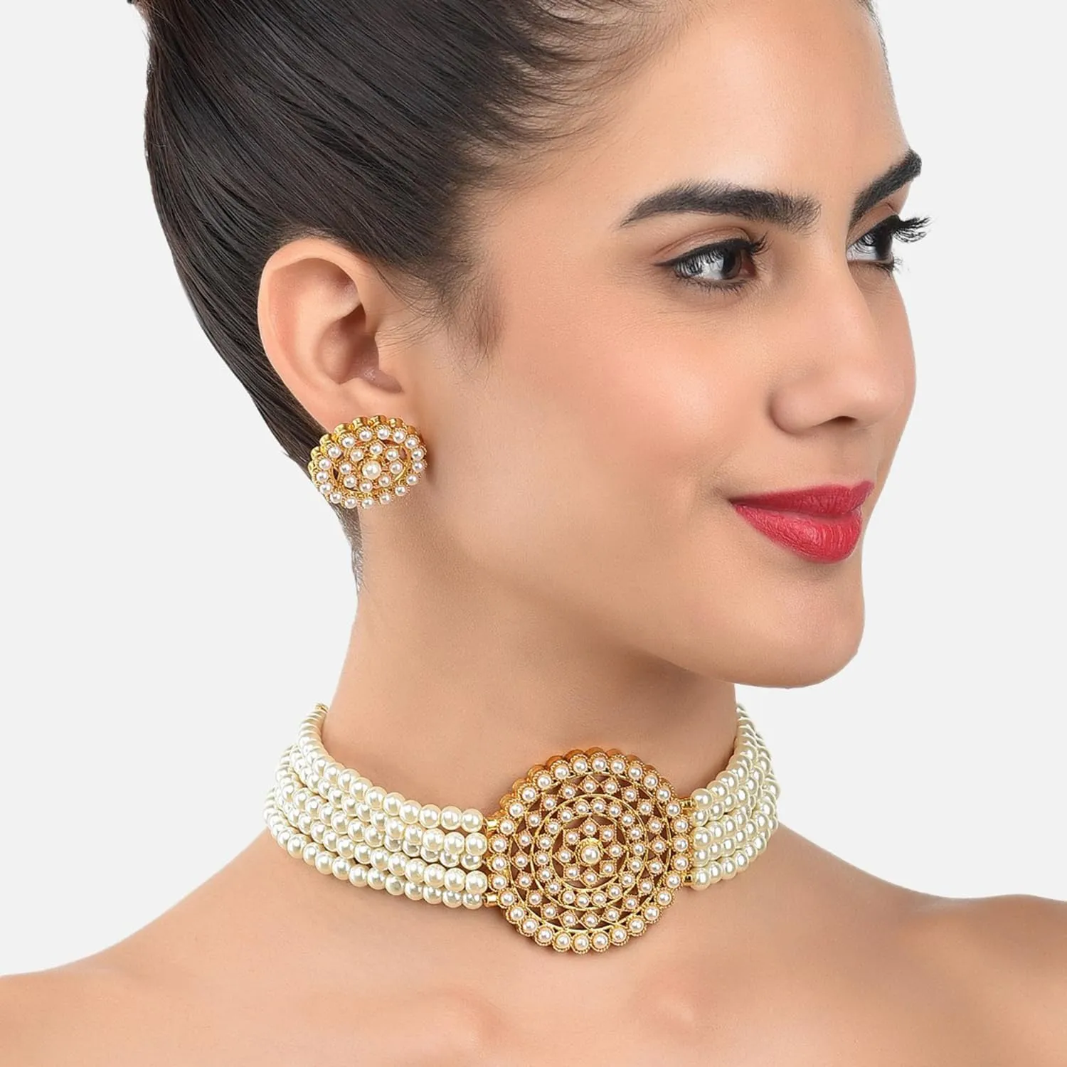 Aheli Pearl Diamond Choker Necklace with Round Earrings Gift for Women Indian Traditional Bollywood Fashion Jewelry Set