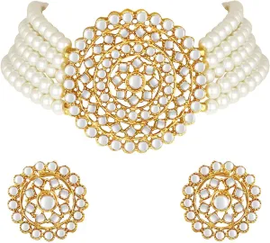 Aheli Pearl Diamond Choker Necklace with Round Earrings Gift for Women Indian Traditional Bollywood Fashion Jewelry Set