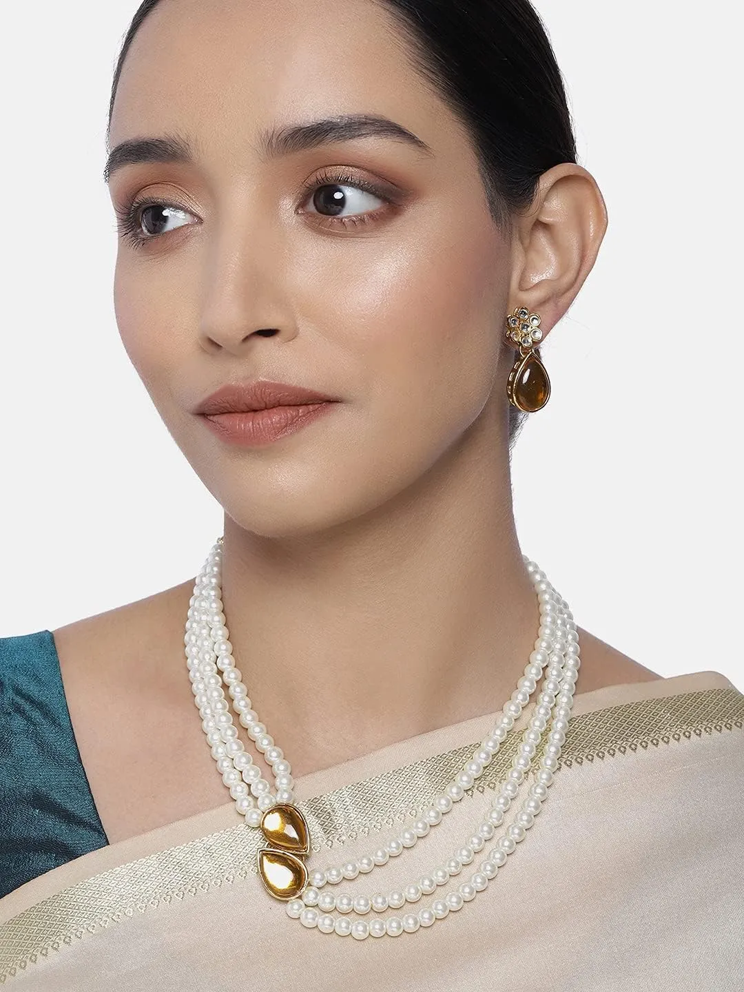Aheli Pearl Mala Blue Necklace with Earrings Gift for Women Indian Traditional Bollywood Fashion Stylish Ethnic Jewelry Set