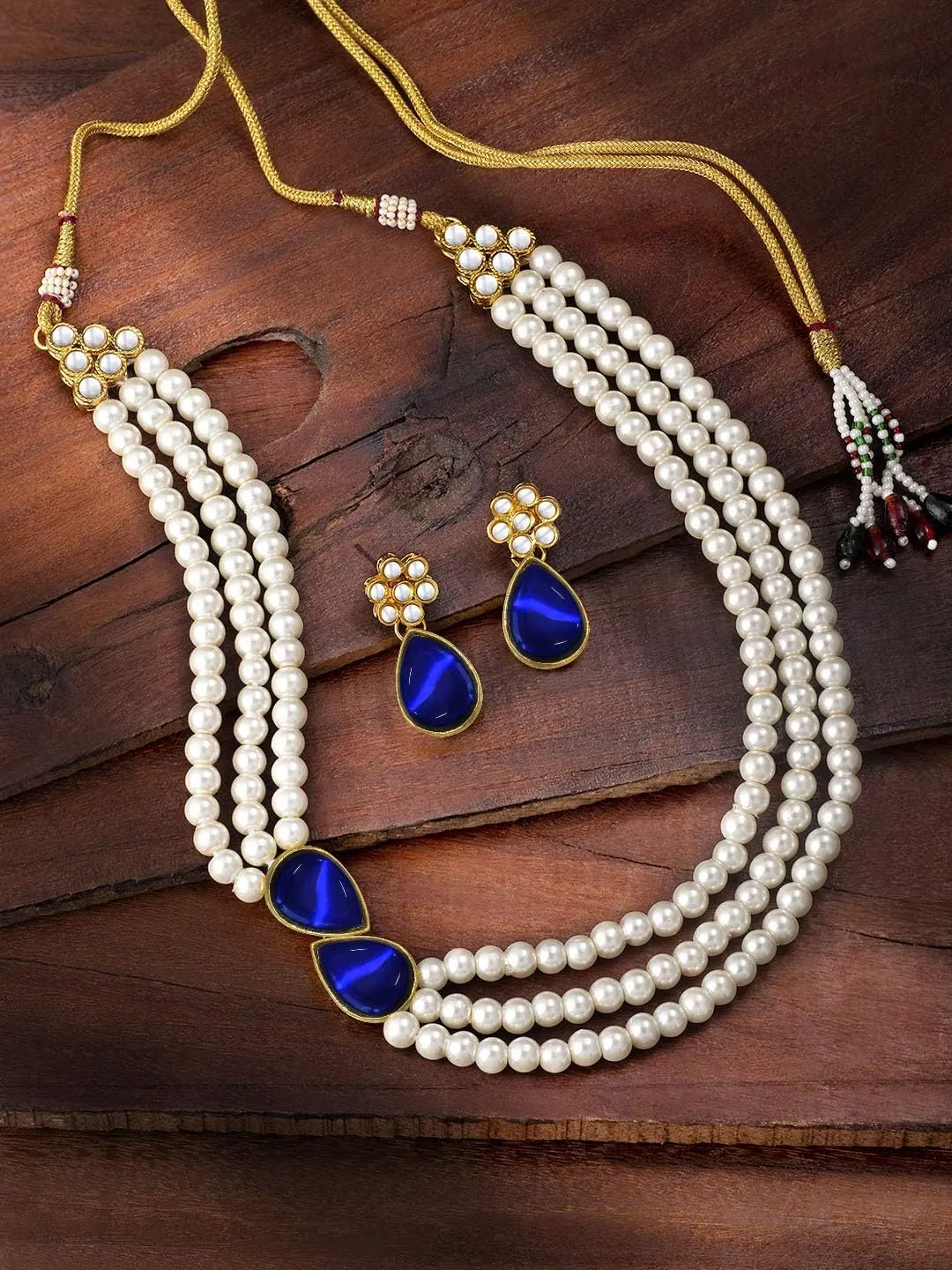 Aheli Pearl Mala Blue Necklace with Earrings Gift for Women Indian Traditional Bollywood Fashion Stylish Ethnic Jewelry Set