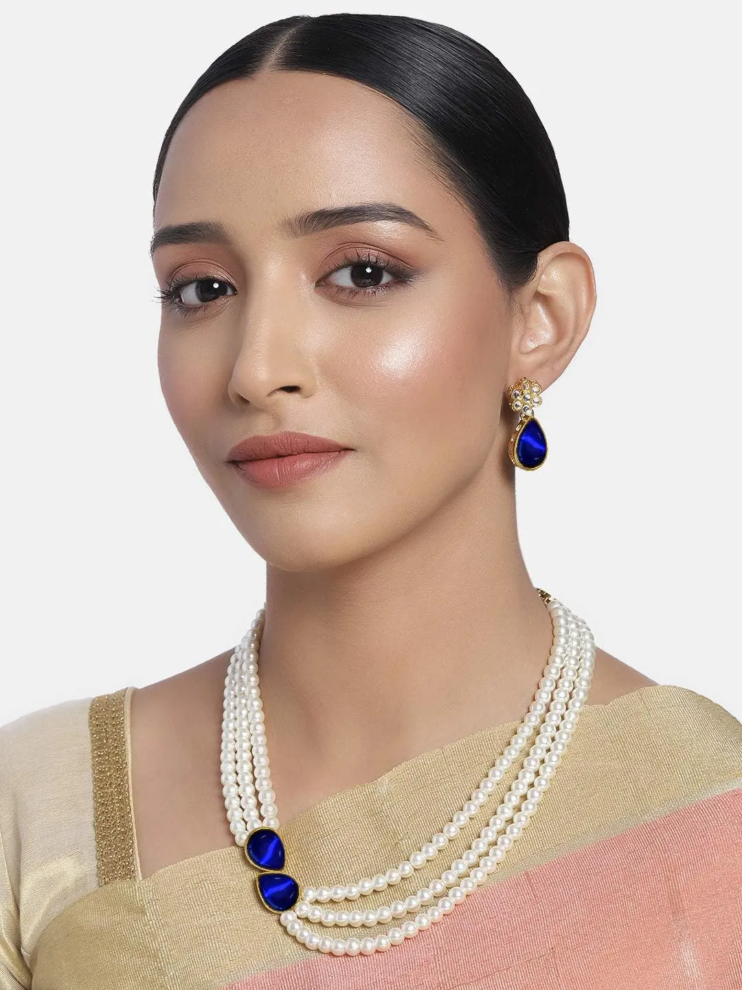 Aheli Pearl Mala Blue Necklace with Earrings Gift for Women Indian Traditional Bollywood Fashion Stylish Ethnic Jewelry Set