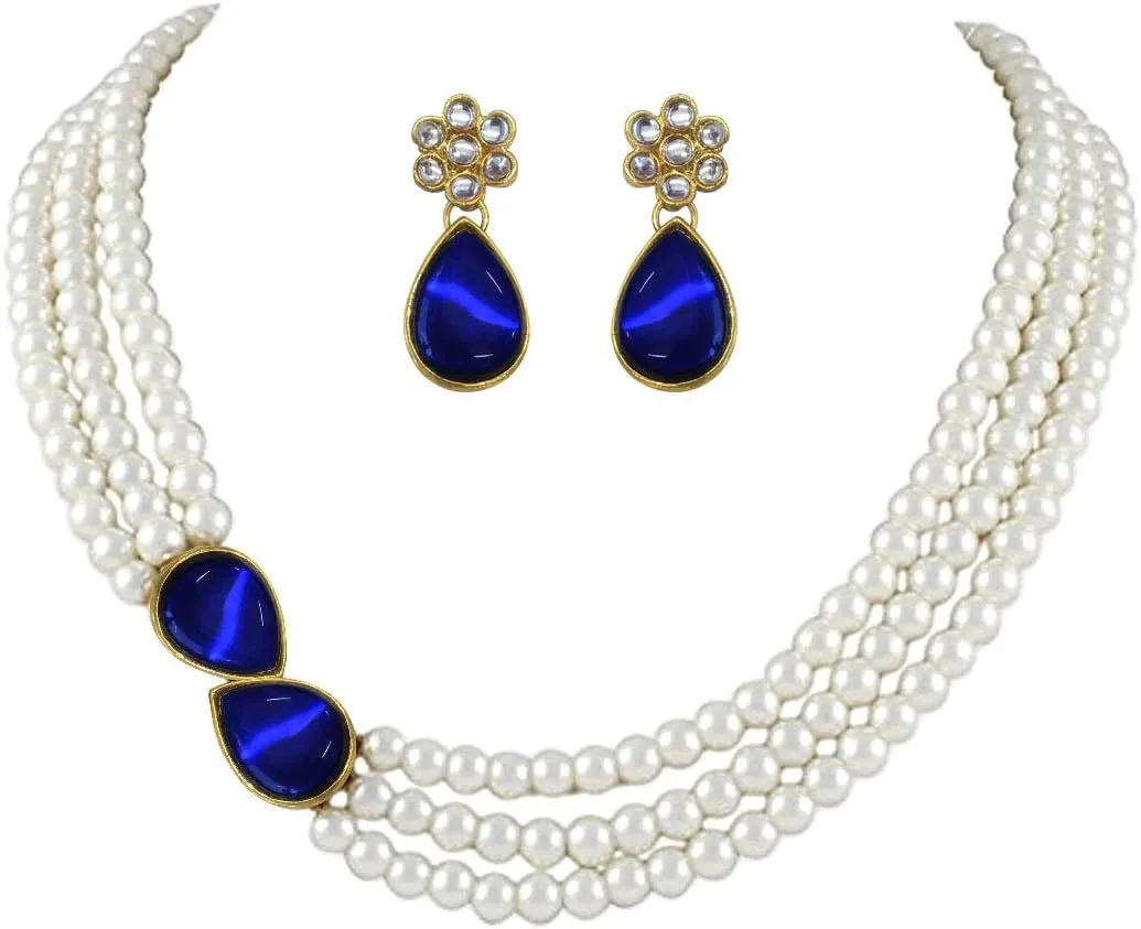 Aheli Pearl Mala Blue Necklace with Earrings Gift for Women Indian Traditional Bollywood Fashion Stylish Ethnic Jewelry Set