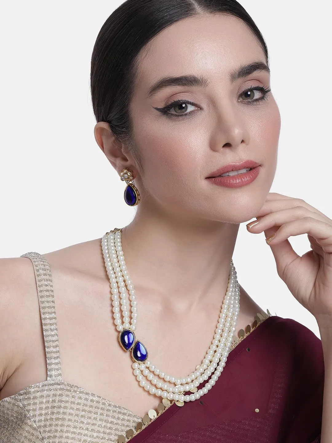 Aheli Pearl Mala Blue Necklace with Earrings Gift for Women Indian Traditional Bollywood Fashion Stylish Ethnic Jewelry Set