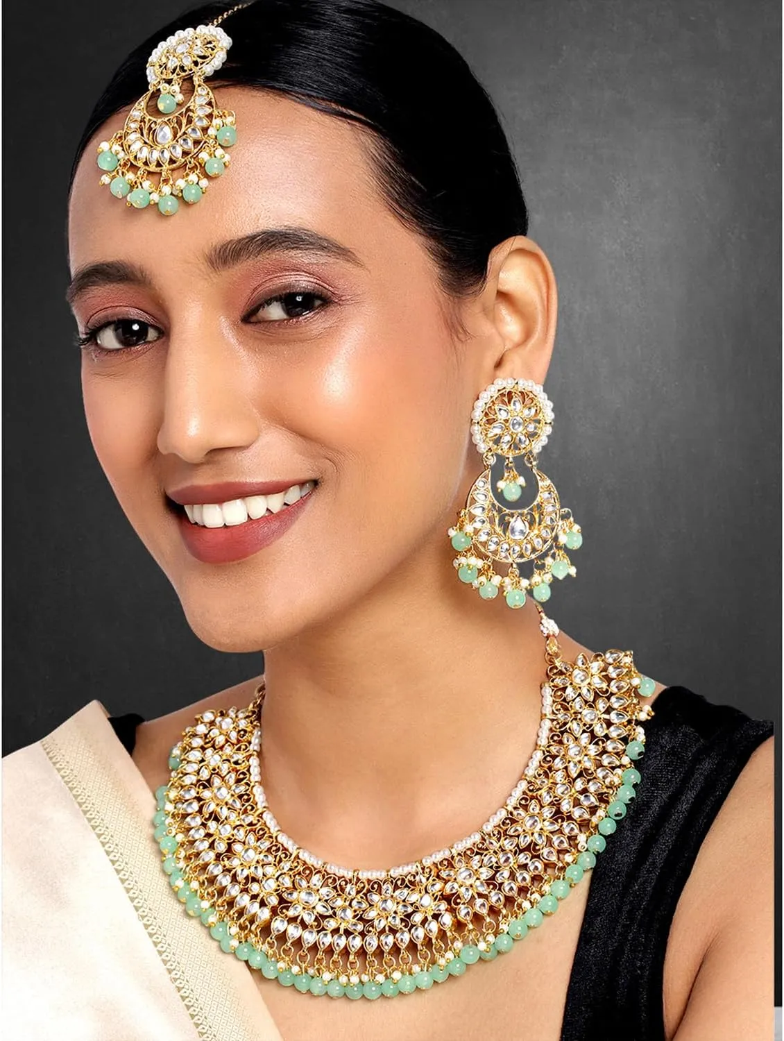 Aheli Wedding & Party Wear Faux Kundan Necklace Earrings with Maang Tikka Indian Traditional Bollywood Jewelry Set Gift for Women