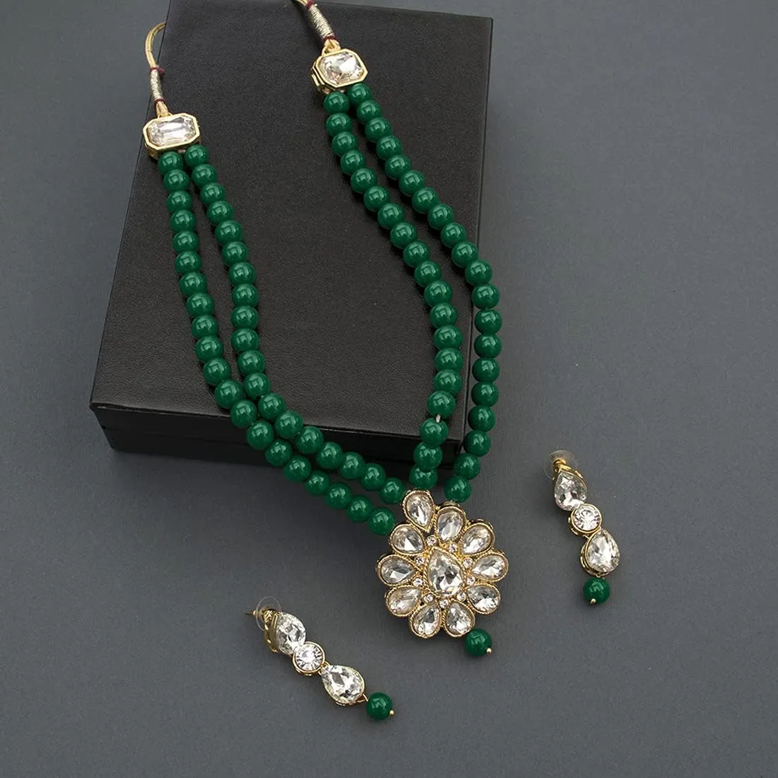 Aheli Wedding Party Faux Kundan Pendant Beaded Necklace Earrings Set Bollywood Party Indian Fashion Jewelry Gift for Women