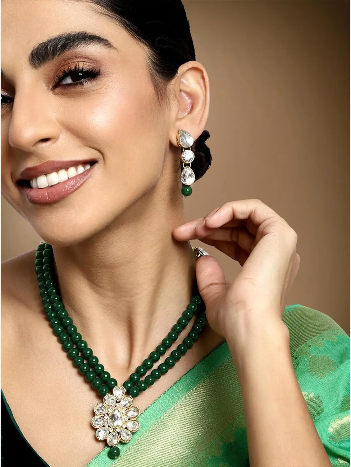 Aheli Wedding Party Faux Kundan Pendant Beaded Necklace Earrings Set Bollywood Party Indian Fashion Jewelry Gift for Women