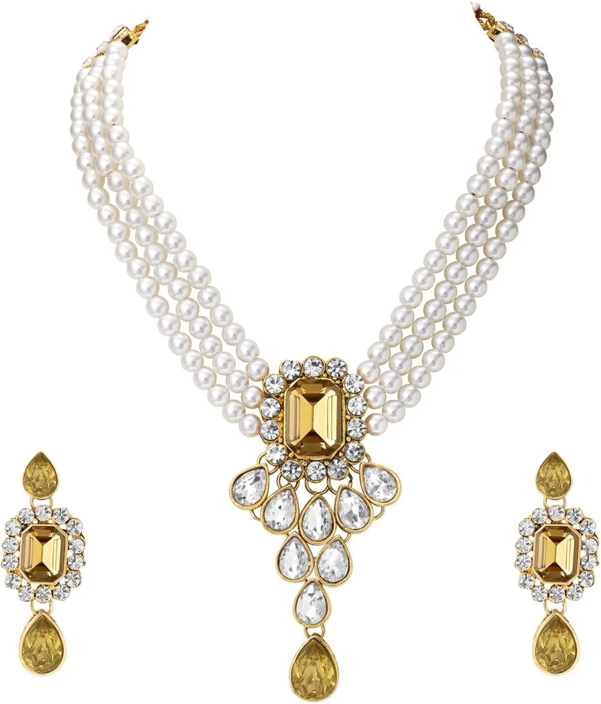 Aheli Wedding Party Kundan Pendant Beads String Necklace Earrings Traditional Ethnic Fashion Jewely Set Gift for Women