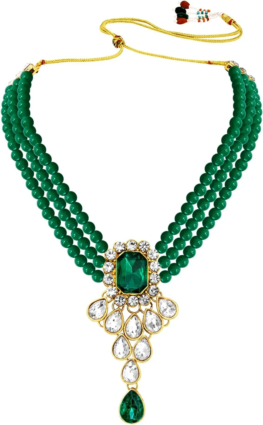 Aheli Wedding Party Kundan Pendant Beads String Necklace Earrings Traditional Ethnic Fashion Jewely Set Gift for Women