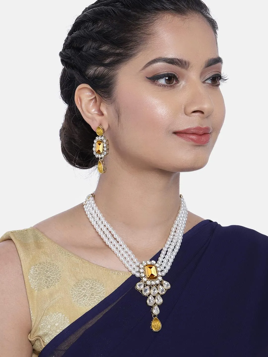 Aheli Wedding Party Kundan Pendant Beads String Necklace Earrings Traditional Ethnic Fashion Jewely Set Gift for Women