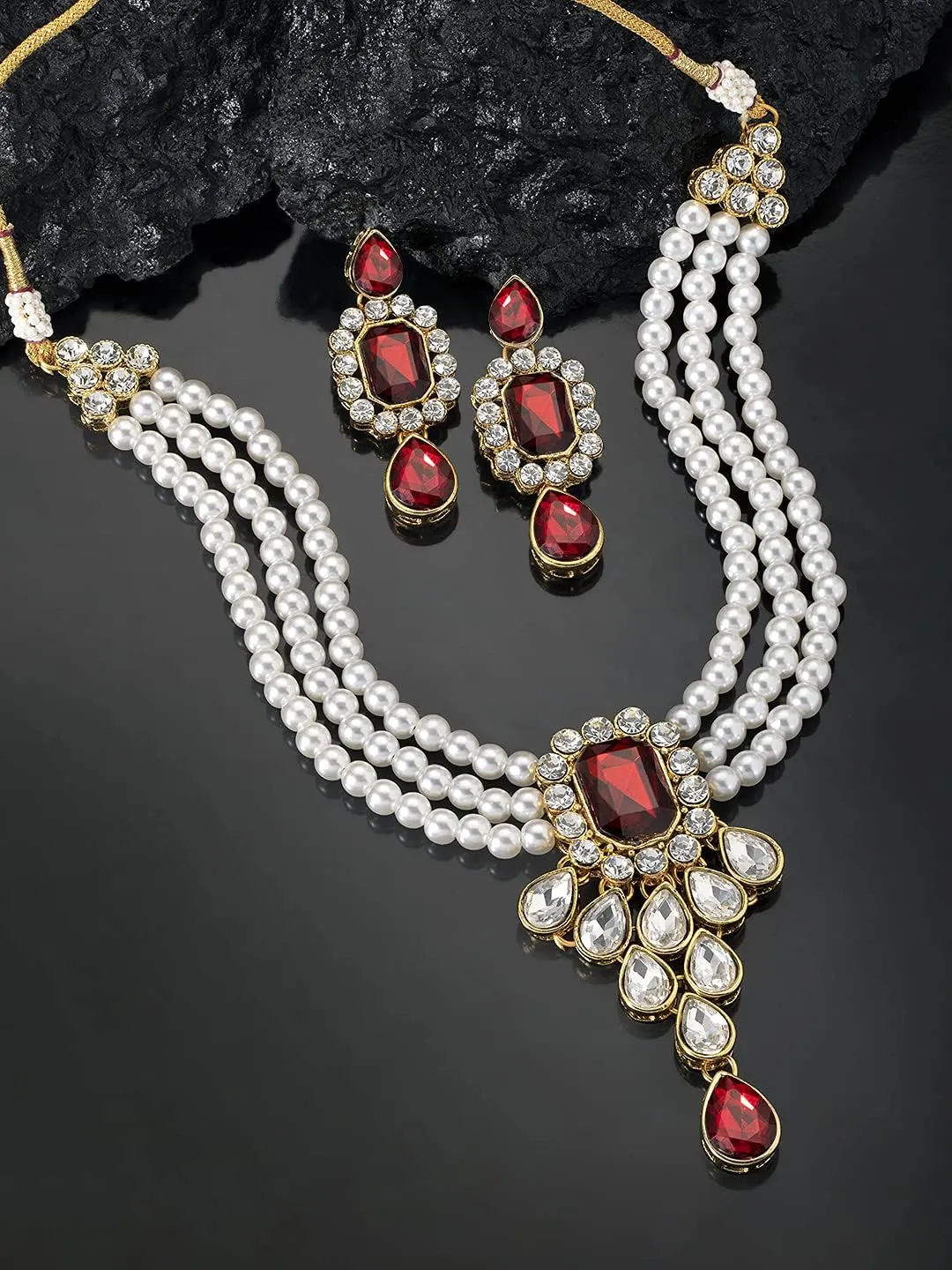 Aheli Wedding Party Kundan Pendant Beads String Necklace Earrings Traditional Ethnic Fashion Jewely Set Gift for Women