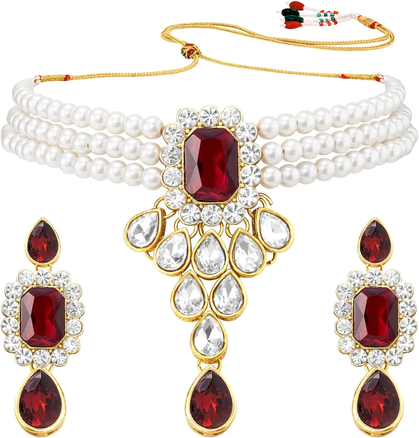 Aheli Wedding Party Kundan Pendant Beads String Necklace Earrings Traditional Ethnic Fashion Jewely Set Gift for Women