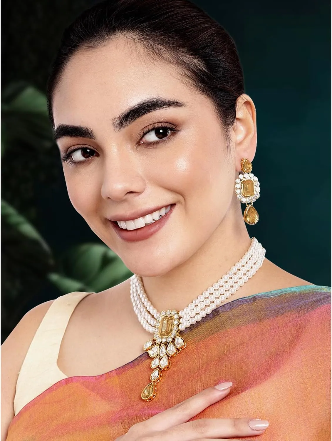 Aheli Wedding Party Kundan Pendant Beads String Necklace Earrings Traditional Ethnic Fashion Jewely Set Gift for Women