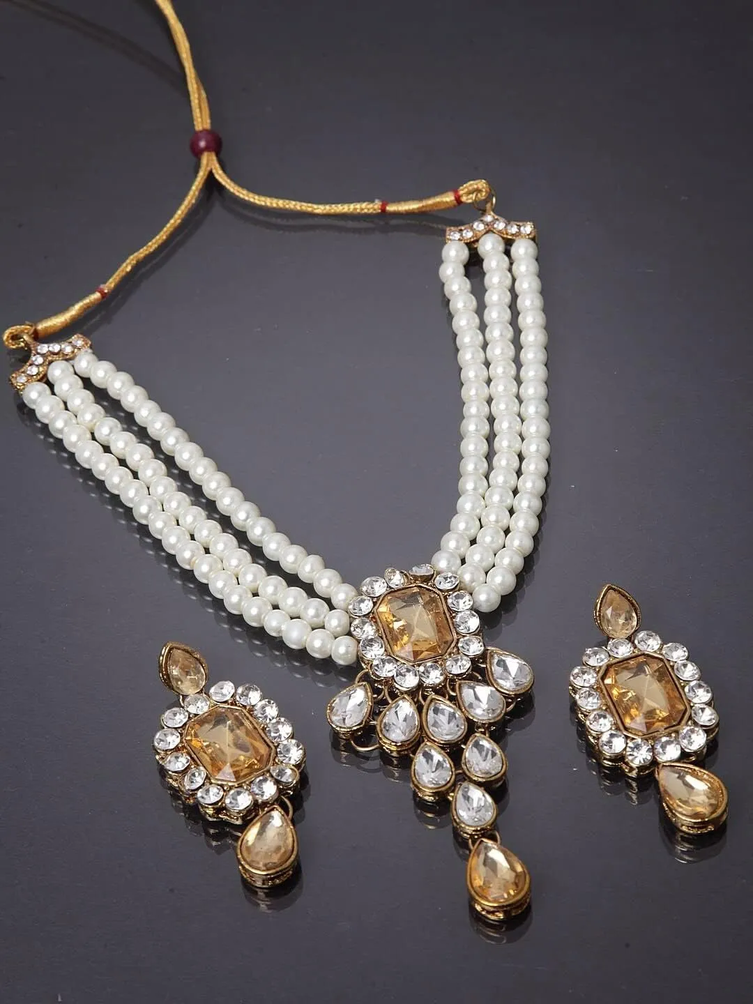 Aheli Wedding Party Kundan Pendant Beads String Necklace Earrings Traditional Ethnic Fashion Jewely Set Gift for Women