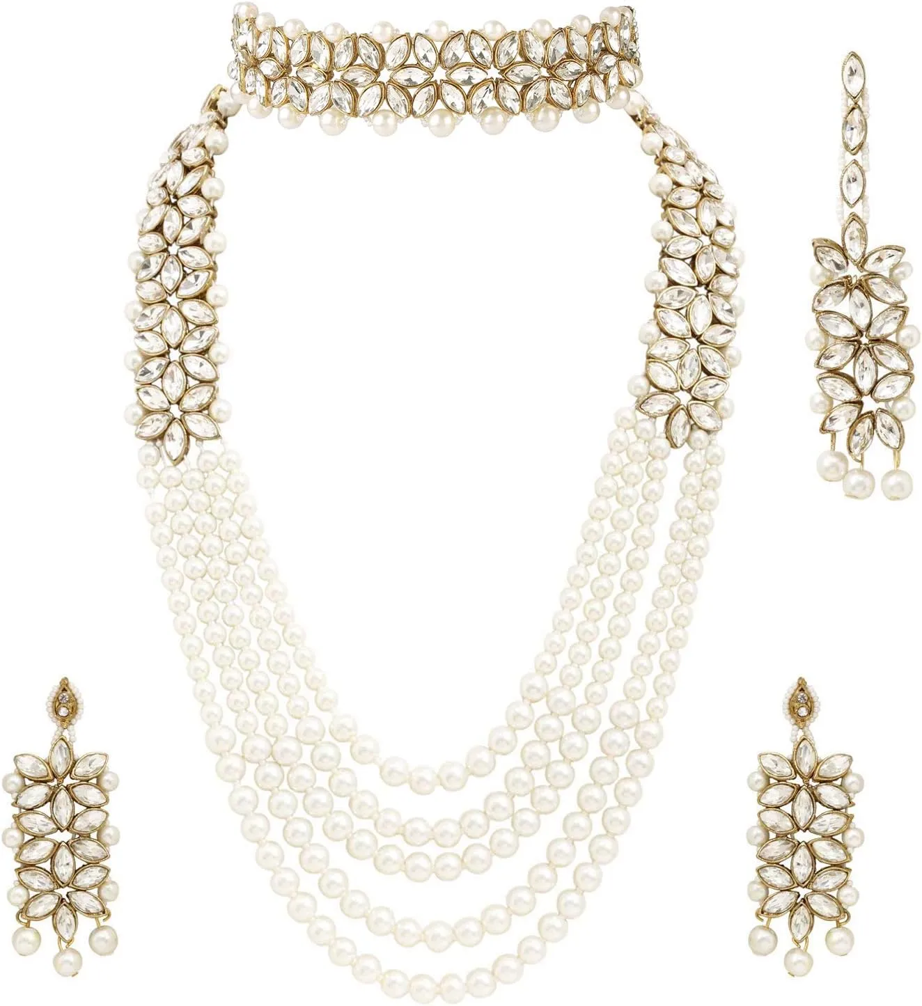 Aheli Wedding Party Wear Bridal Jewellery Choker Long Pearl Necklace Earrings Maang Tikka Indian Traditional Set Gift for Women