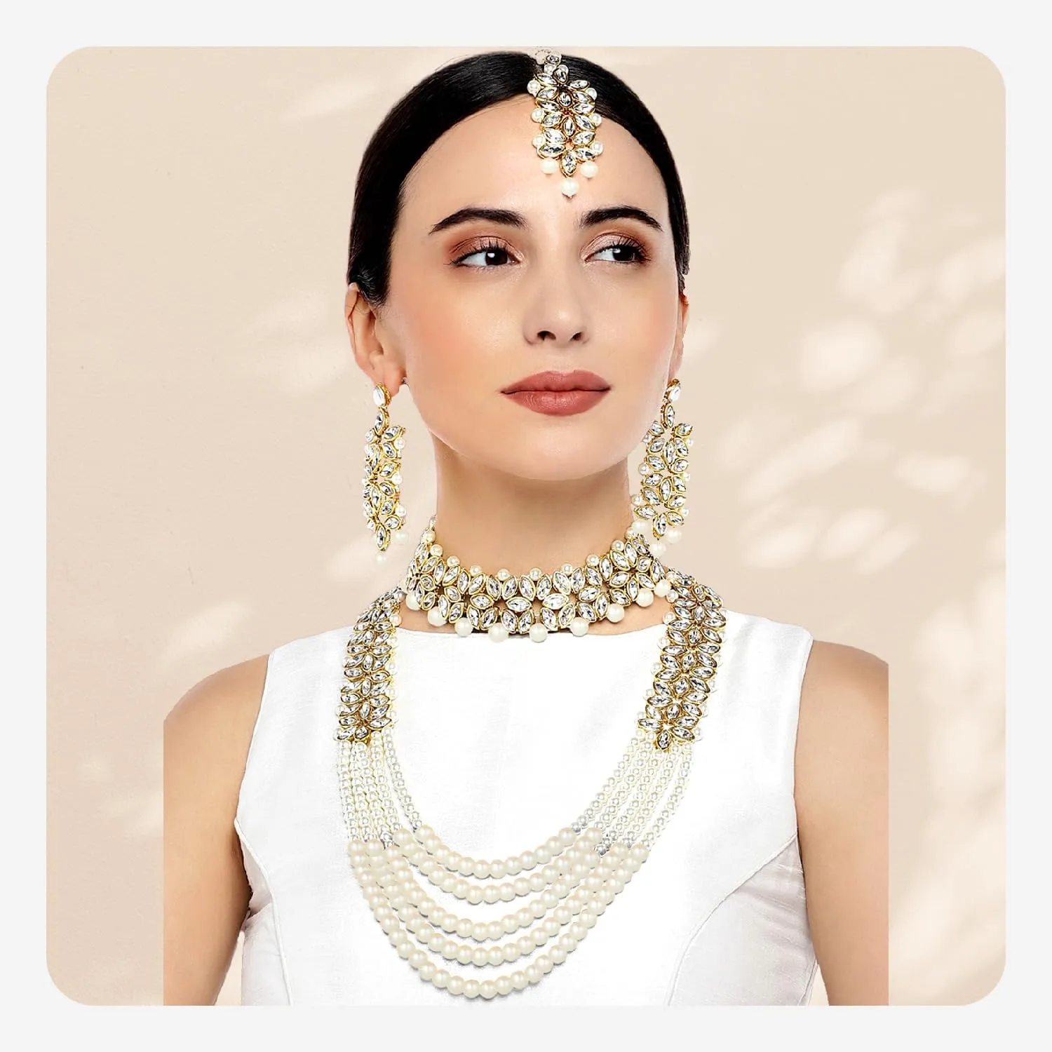 Aheli Wedding Party Wear Bridal Jewellery Choker Long Pearl Necklace Earrings Maang Tikka Indian Traditional Set Gift for Women