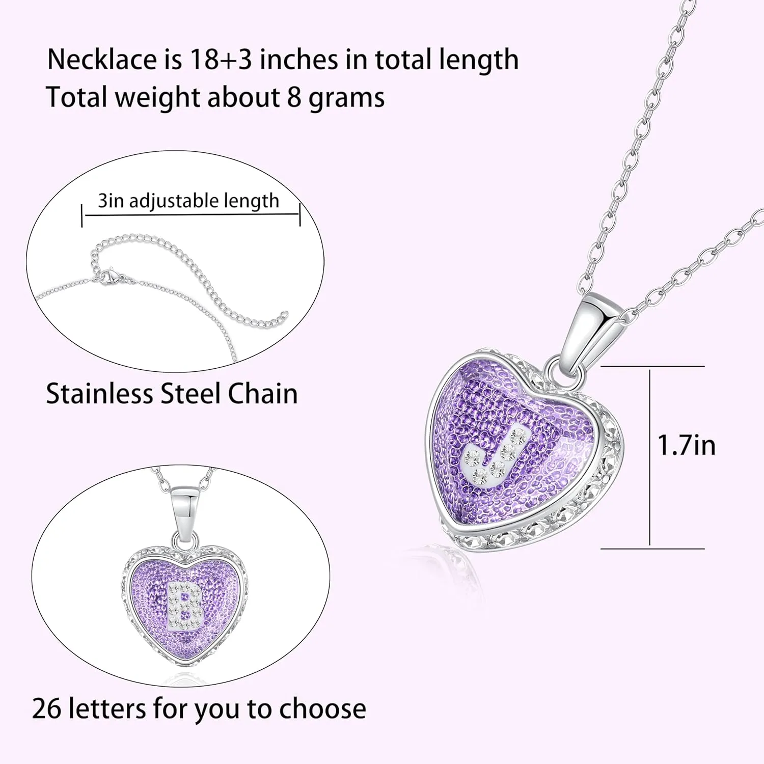Ahiller Heart Initial Necklace,Crystal Diamond Letter Pendant,18 3" Adjustable Necklaces for Women Trendy Name Jewelry Purple
