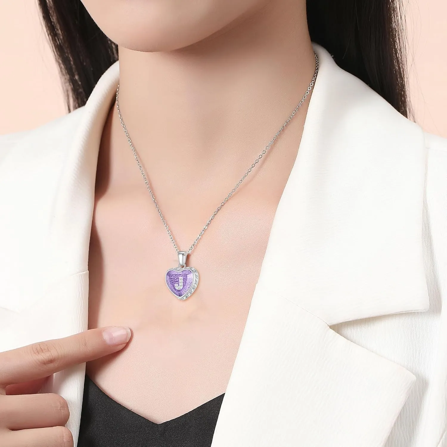 Ahiller Heart Initial Necklace,Crystal Diamond Letter Pendant,18 3" Adjustable Necklaces for Women Trendy Name Jewelry Purple