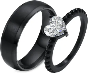 Aienid Stainless Steel Vintage Rings, Matching Rings Engagement Ring Black Heart Brushed Engraved Ring for His and Hers Rings for Couples