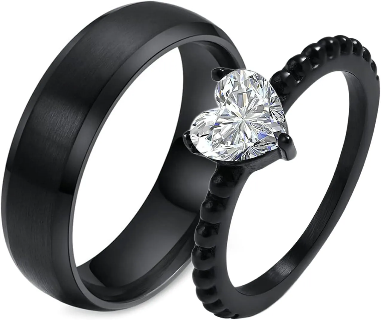Aienid Stainless Steel Vintage Rings, Matching Rings Engagement Ring Black Heart Brushed Engraved Ring for His and Hers Rings for Couples