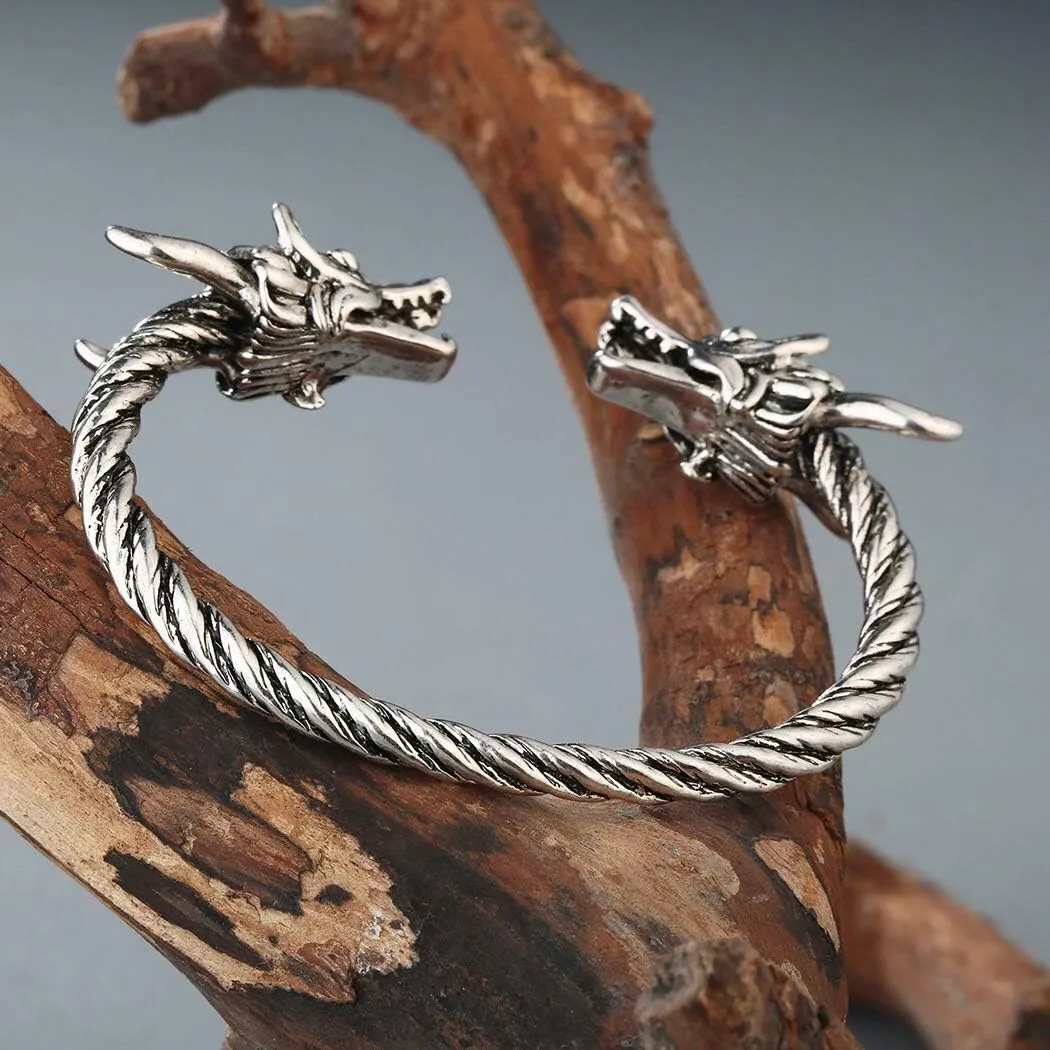 AILUOR Men's Double Head Dragon Bracelet, Norse Cuff Bracelet for Men Gold Sliver Adjustable Cuff Cool Polished Twisted Arm Rings Cable Bangles Pagan Jewelry