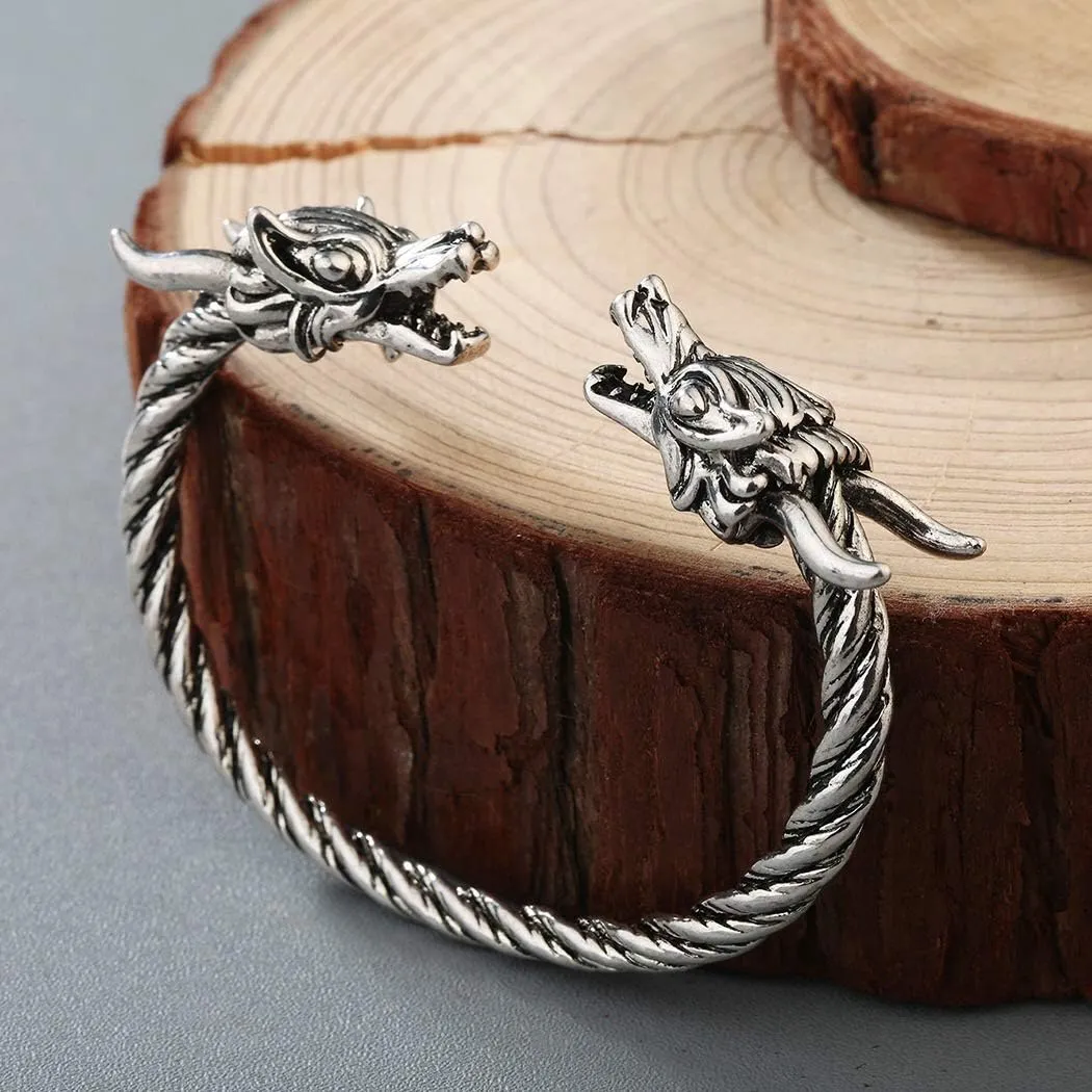 AILUOR Men's Double Head Dragon Bracelet, Norse Cuff Bracelet for Men Gold Sliver Adjustable Cuff Cool Polished Twisted Arm Rings Cable Bangles Pagan Jewelry