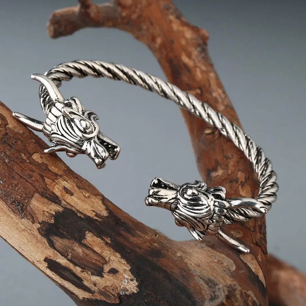 AILUOR Men's Double Head Dragon Bracelet, Norse Cuff Bracelet for Men Gold Sliver Adjustable Cuff Cool Polished Twisted Arm Rings Cable Bangles Pagan Jewelry