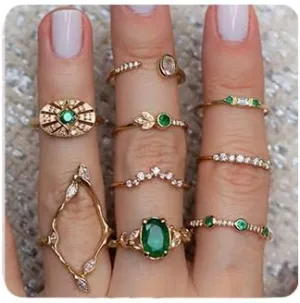 Aimimier 9 Pcs Bohemian Stackable Joint Knuckle Ring Set Vintage Green Crystal Finger Ring Golden Midi Ring Pack for Women