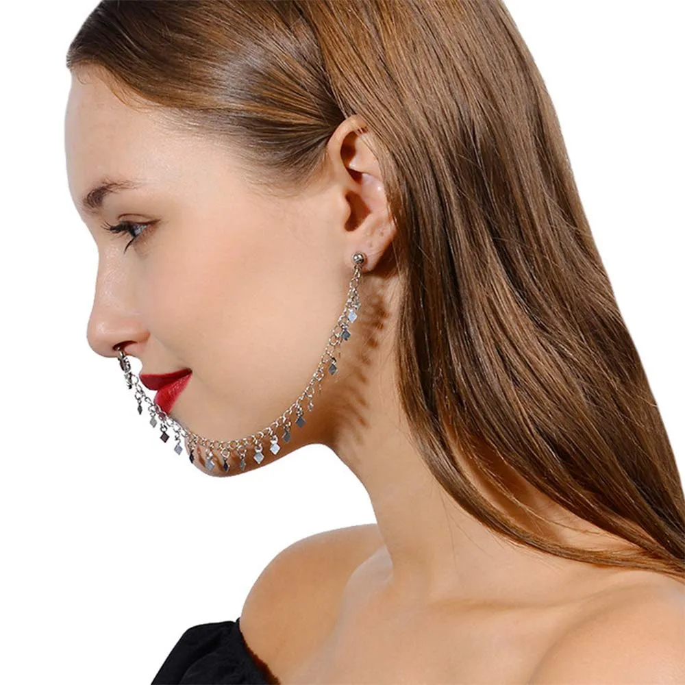 Aimimier Punk Fake Nose Ring Hoop Non-Piercing Disc Tassel Ear to Nose Chain Stud Earring Minimalist Indian Jewelry for Women(Silver)