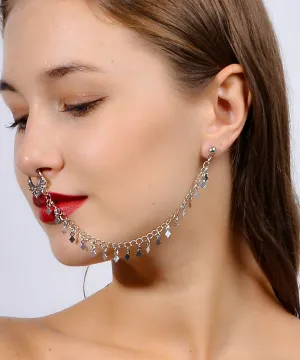 Aimimier Punk Fake Nose Ring Hoop Non-Piercing Disc Tassel Ear to Nose Chain Stud Earring Minimalist Indian Jewelry for Women(Silver)