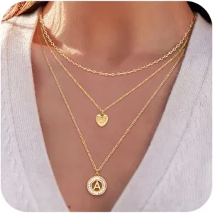 Aisansty Layered Initial Necklaces for Women,Dainty Gold Necklace 16K Real Gold Plated Simple Heart Pendant CZ Diamond Initial Choker Necklace Trendy Gold Layered Necklace for Women