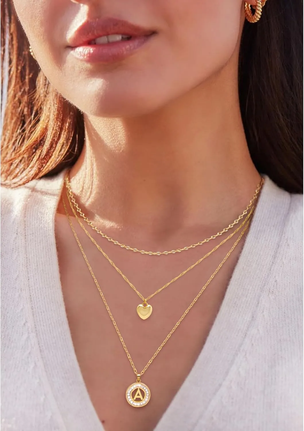 Aisansty Layered Initial Necklaces for Women,Dainty Gold Necklace 16K Real Gold Plated Simple Heart Pendant CZ Diamond Initial Choker Necklace Trendy Gold Layered Necklace for Women