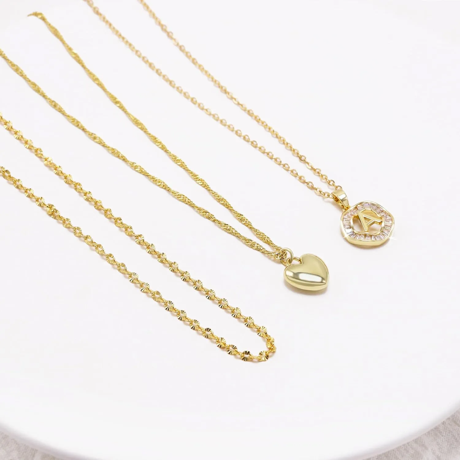 Aisansty Layered Initial Necklaces for Women,Dainty Gold Necklace 16K Real Gold Plated Simple Heart Pendant CZ Diamond Initial Choker Necklace Trendy Gold Layered Necklace for Women