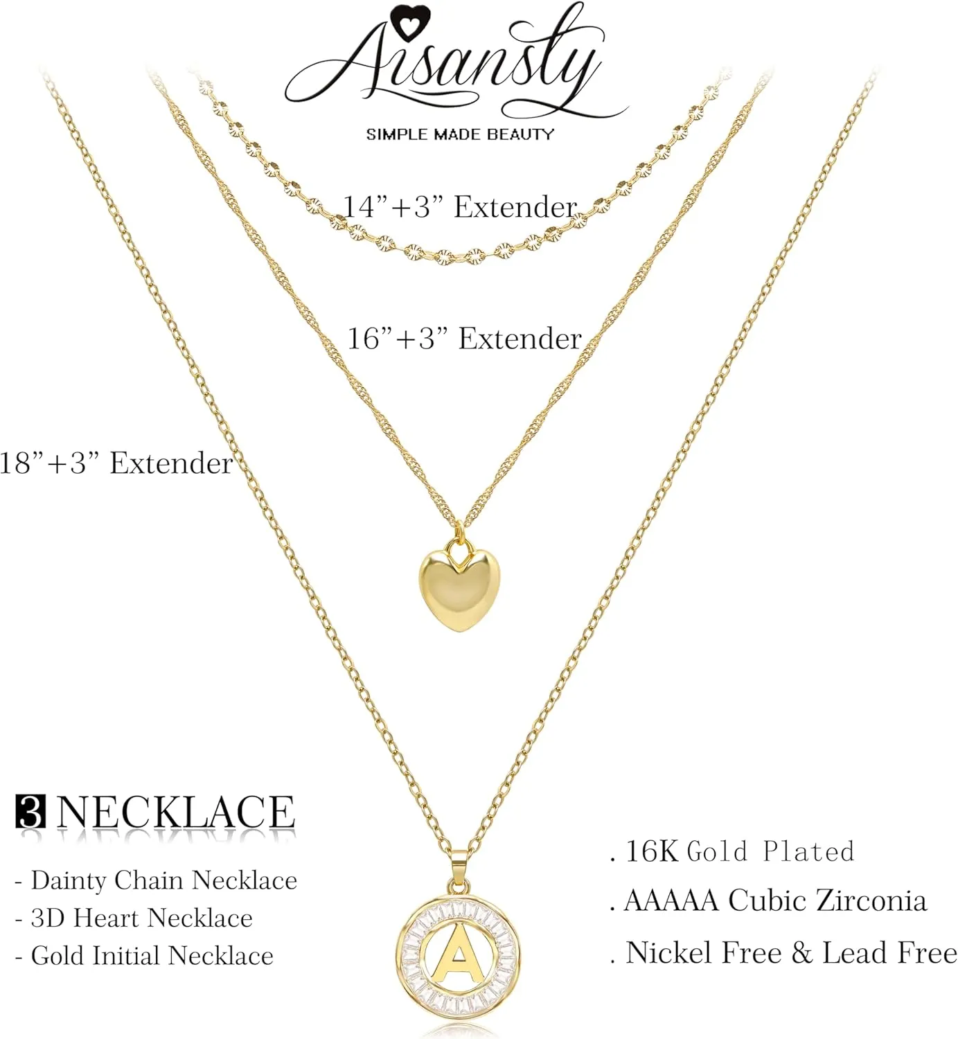 Aisansty Layered Initial Necklaces for Women,Dainty Gold Necklace 16K Real Gold Plated Simple Heart Pendant CZ Diamond Initial Choker Necklace Trendy Gold Layered Necklace for Women