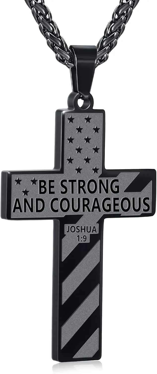 American Flag Bible Verse Cross Necklace for Men Boys, Stainless Steel Cross Pendant Chain Easter Graduation Jewelry Gifts for Boys Men Teens