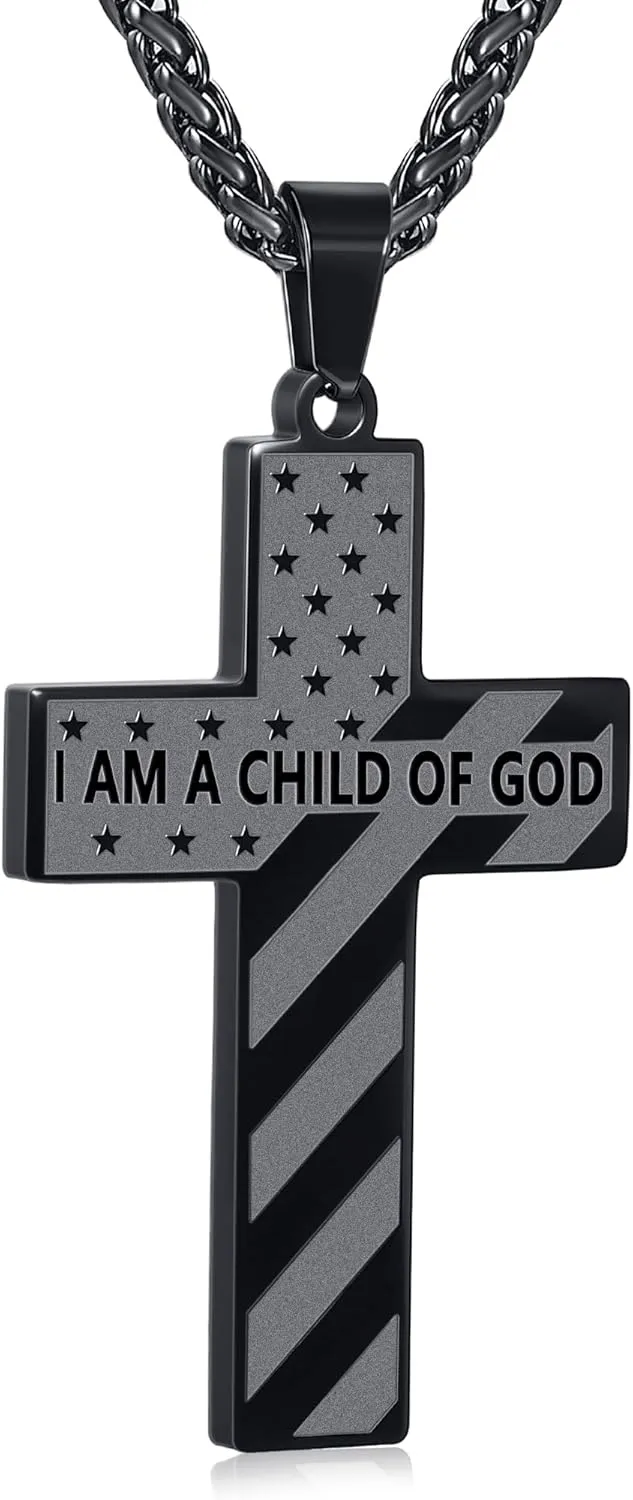 American Flag Bible Verse Cross Necklace for Men Boys, Stainless Steel Cross Pendant Chain Easter Graduation Jewelry Gifts for Boys Men Teens