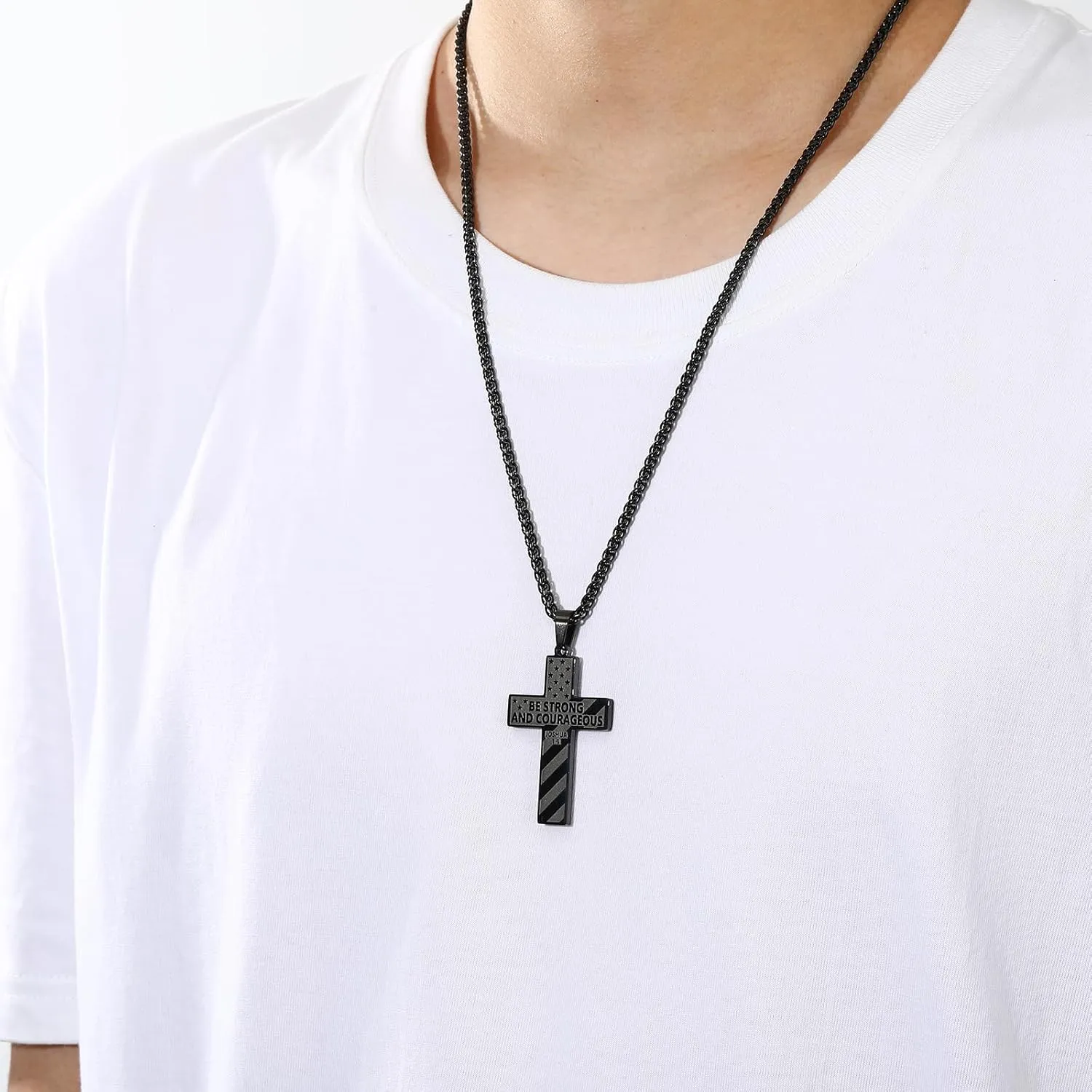 American Flag Bible Verse Cross Necklace for Men Boys, Stainless Steel Cross Pendant Chain Easter Graduation Jewelry Gifts for Boys Men Teens