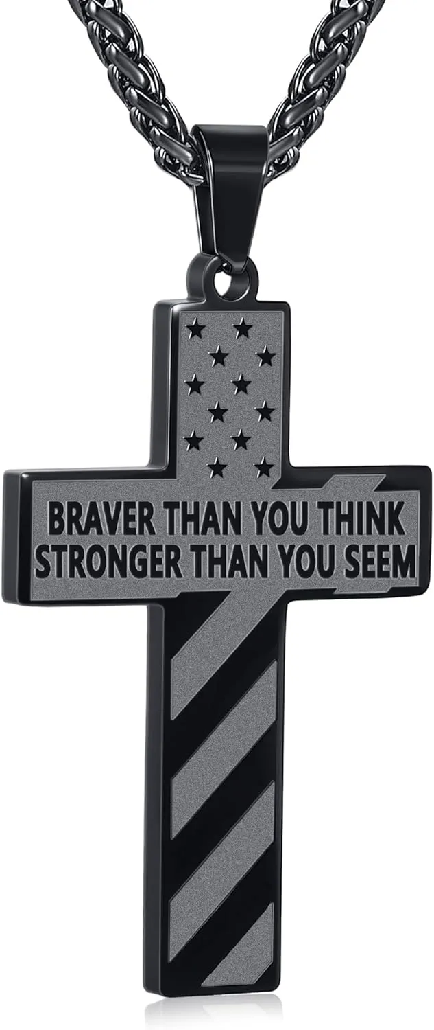 American Flag Bible Verse Cross Necklace for Men Boys, Stainless Steel Cross Pendant Chain Easter Graduation Jewelry Gifts for Boys Men Teens