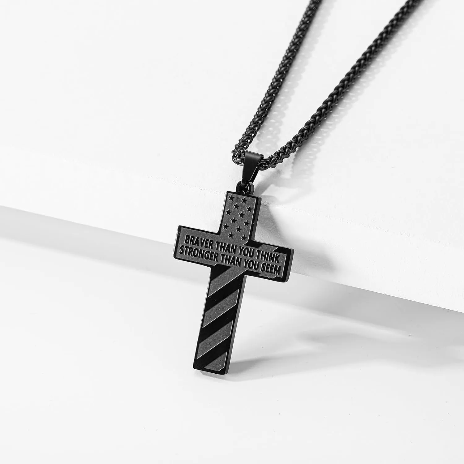American Flag Bible Verse Cross Necklace for Men Boys, Stainless Steel Cross Pendant Chain Easter Graduation Jewelry Gifts for Boys Men Teens